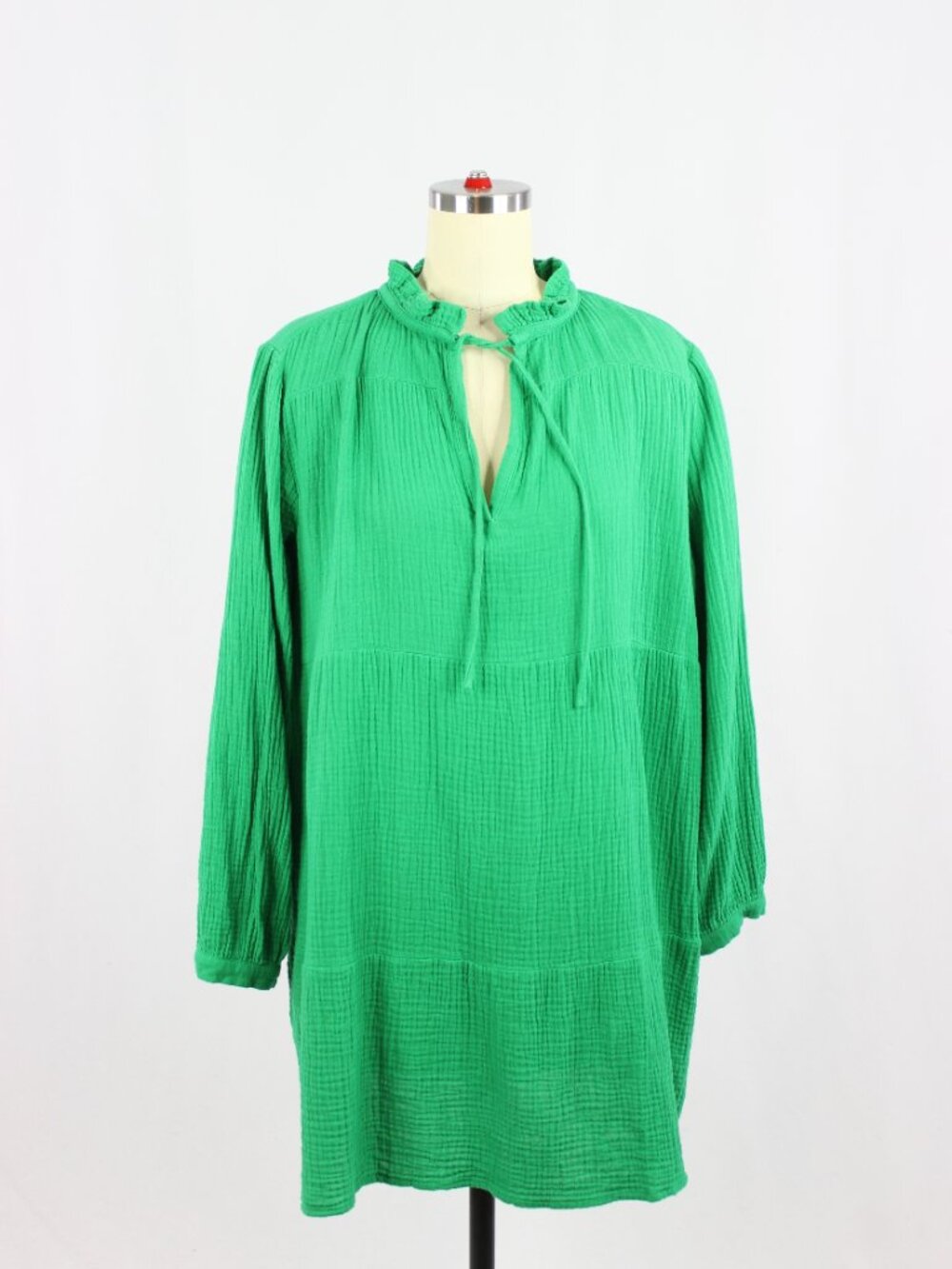 LINE THE LABEL Sunny Green Cotton Gauze Ruffle Neck Tiered A-Line Dress, Size S